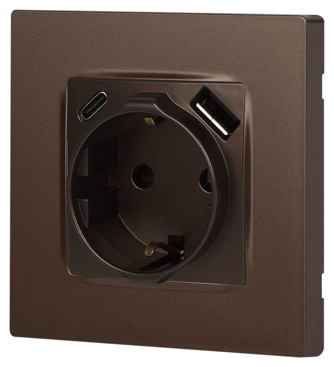 фото розетка эра серия 12 12-4108-13 2p+e 16a-250в со шторками с usb type-a+c 5в-3а бронза б0067757 | 220svet.ru