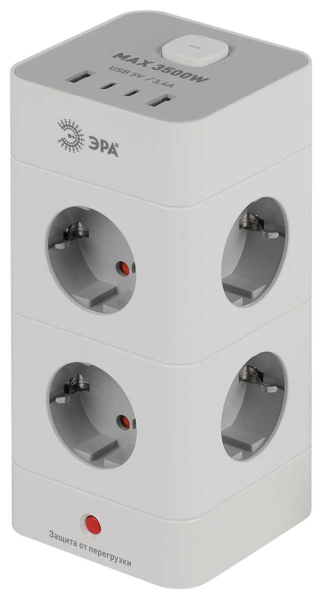 фото сетевой фильтр эра twr-8es-1,5m-4usb-w башня с защитой заземлением с выключателем 8 розеток+4xusba+c 1,5м 16а белый б0069071 | 220svet.ru